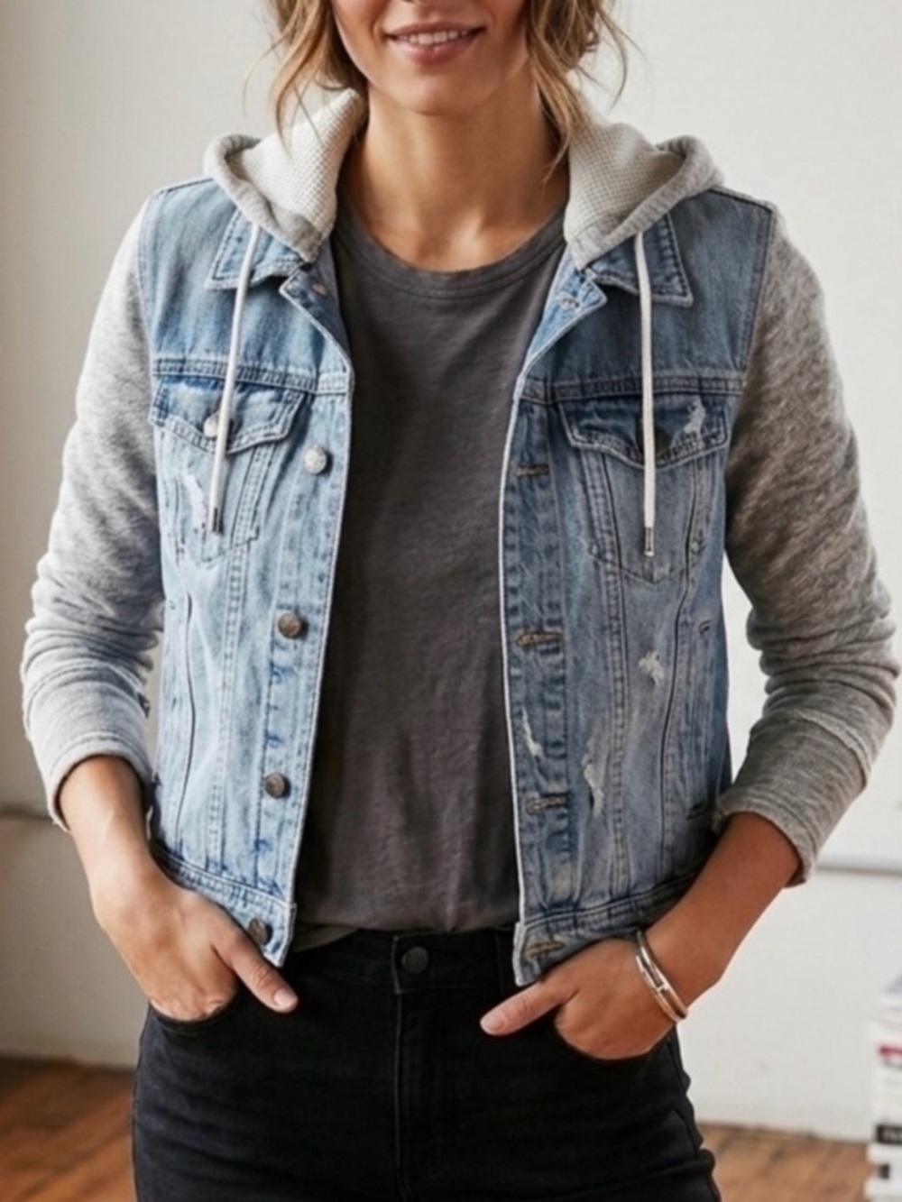 Free People Denim Jacket with Knit Sleeves in Indie Wash